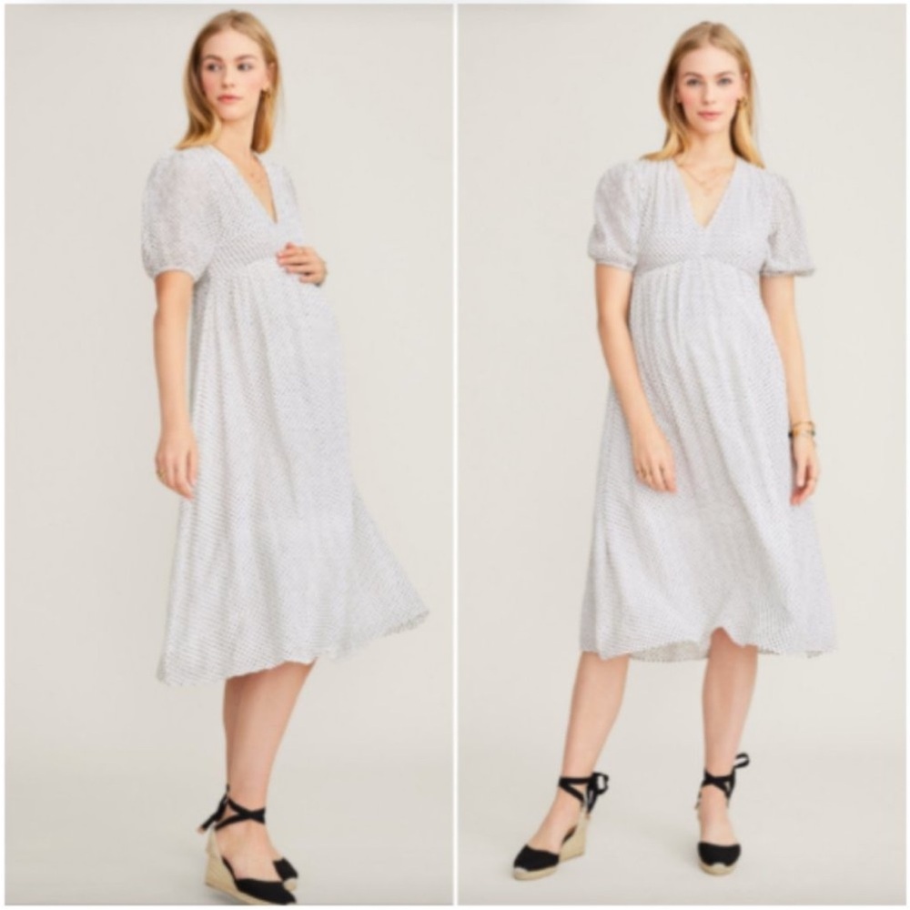 Hatch Melanie Puff Sleeve V-Neck Smocked Maternity MIDI Dress Black Polka Dot‎ 1